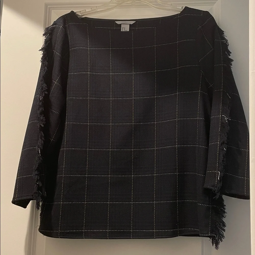 H&M Plaid Top Blouse Women Size 10 Black Blue  Yellow Subtle Decorative Fraying - Picture 14 of 14